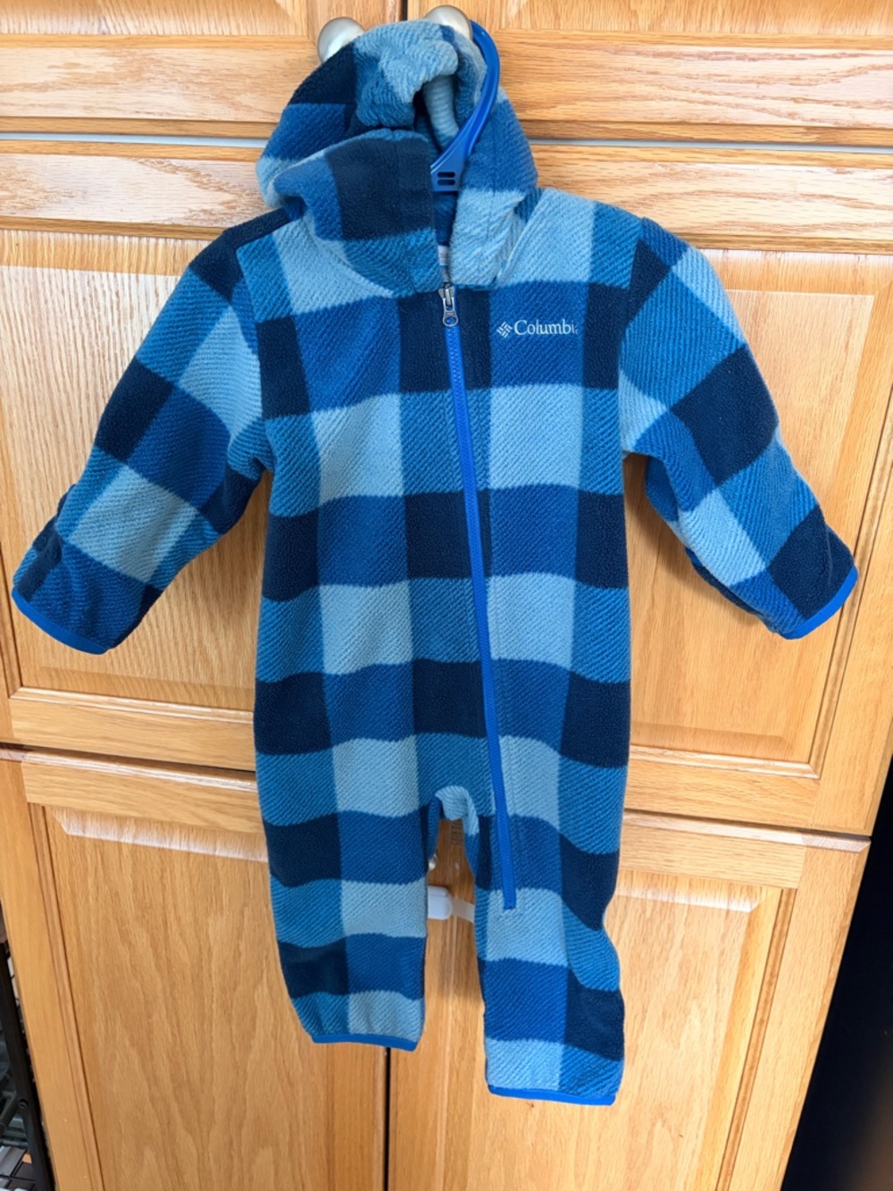 Columbia Blue Plaid Fleece Hooded One-Piece Footie